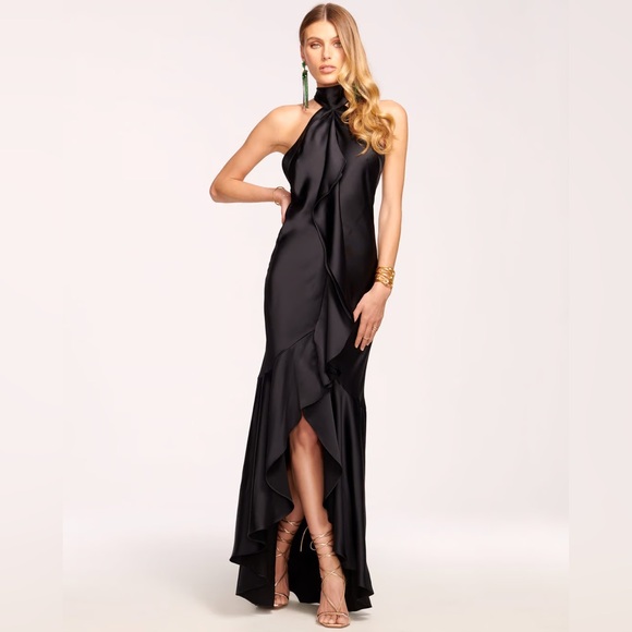 Ramy Brook Tera Ruffled Halter Gown Ruffle Satin Low Back Tie Black 14 High Neck - Picture 1 of 13